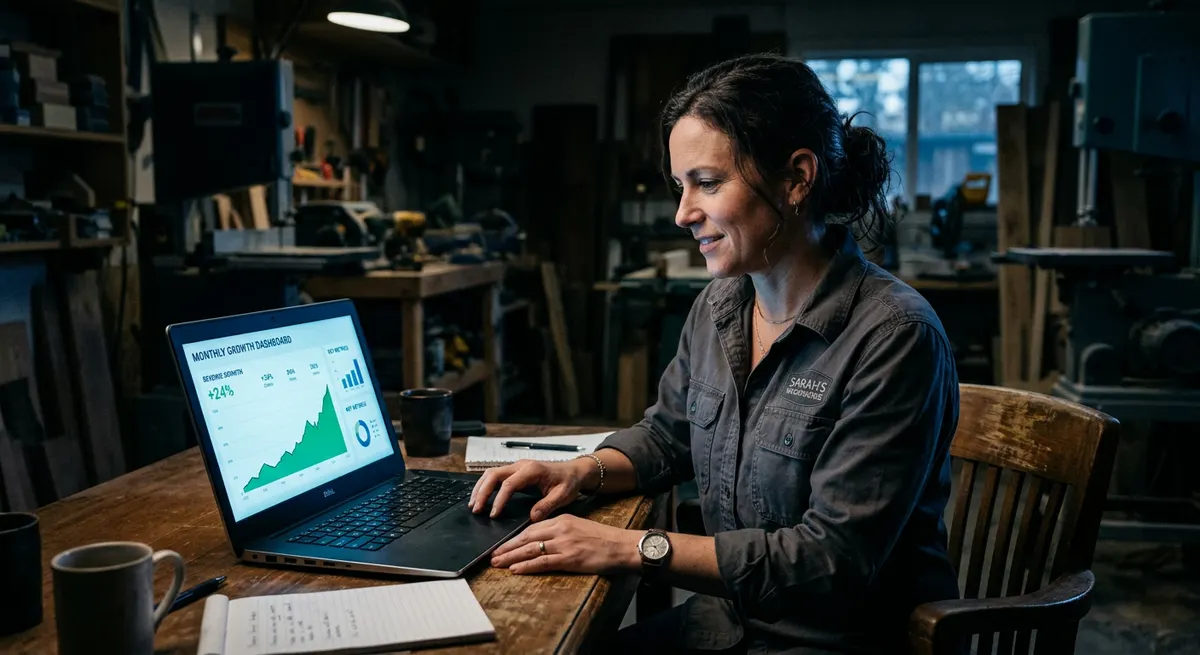Small business owner reviewing their new website on a laptop