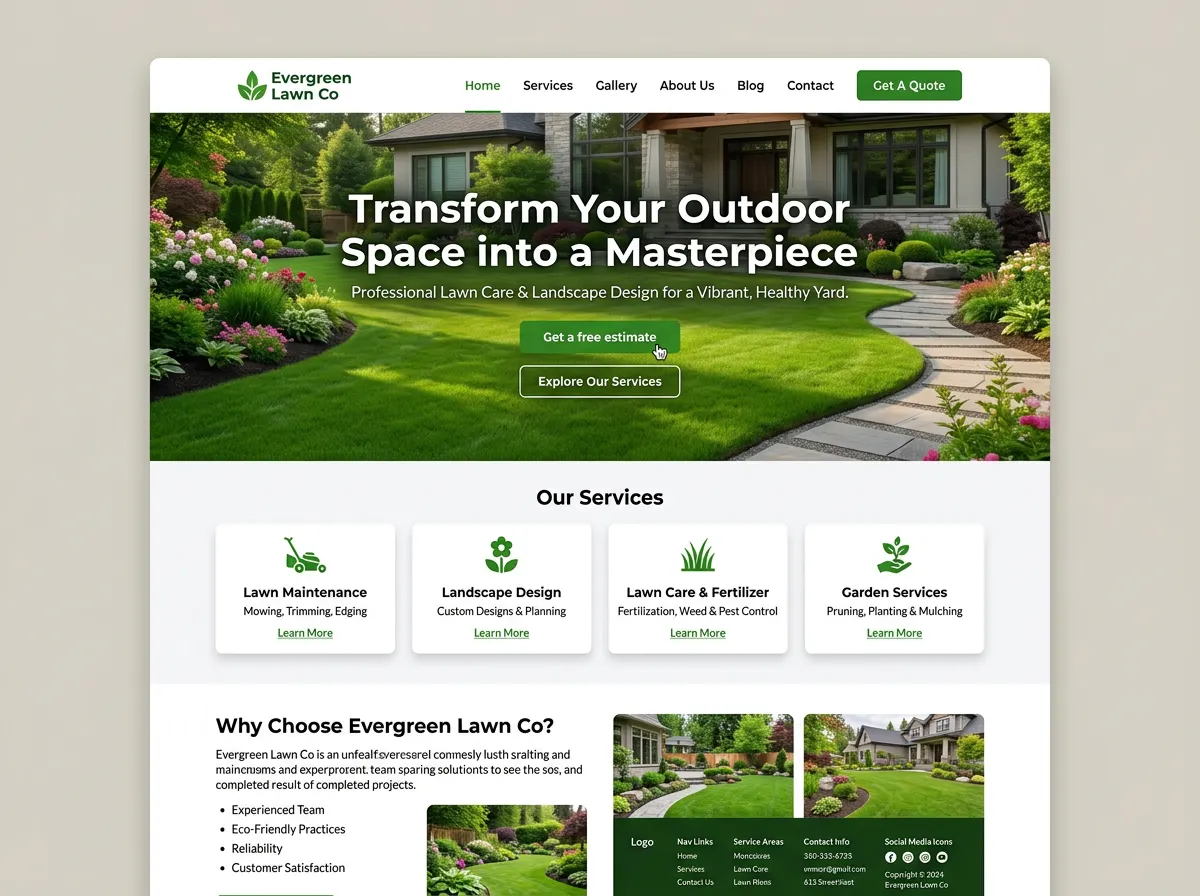 Homepage design for Evergreen Lawn Co, a landscaping business