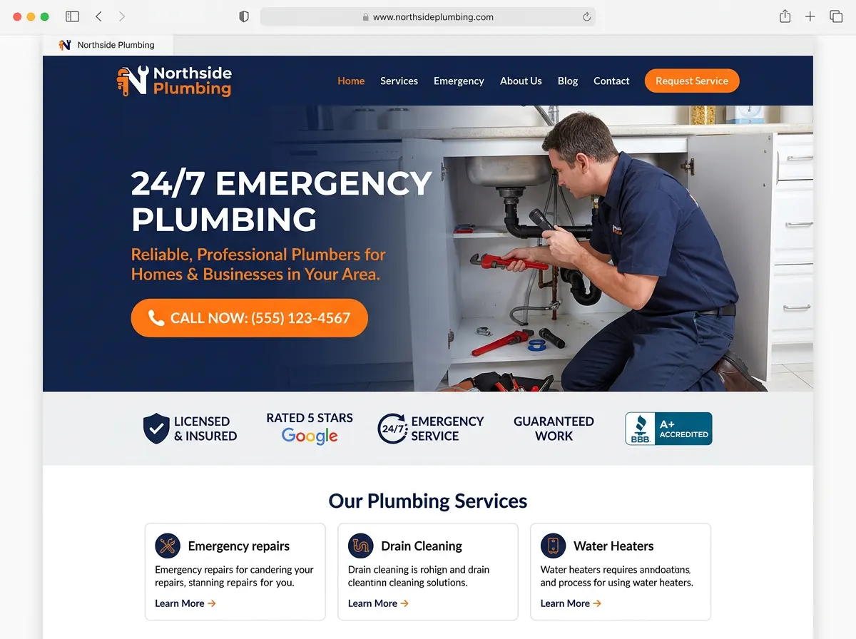 Homepage design for Northside Plumbing, a plumbing business