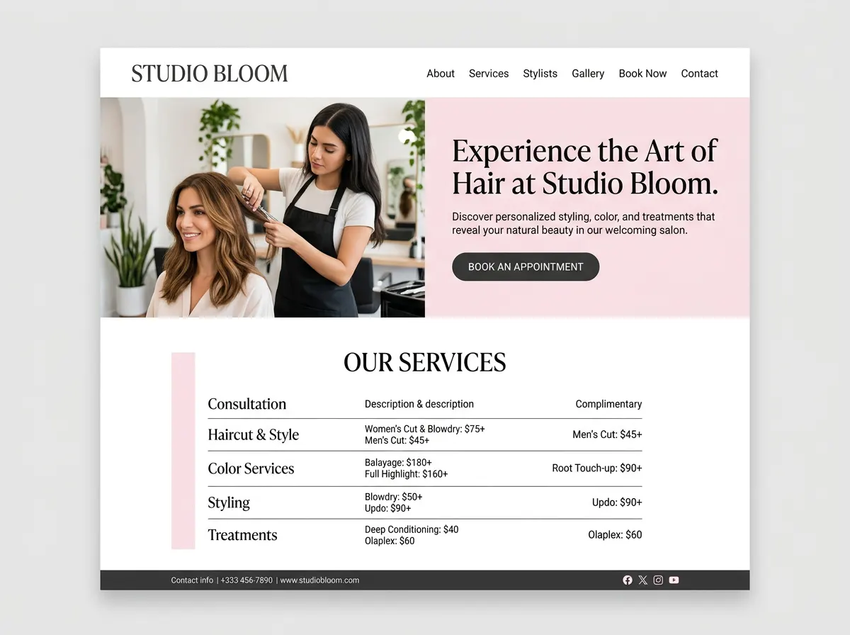Homepage design for Studio Bloom, a hair salon business
